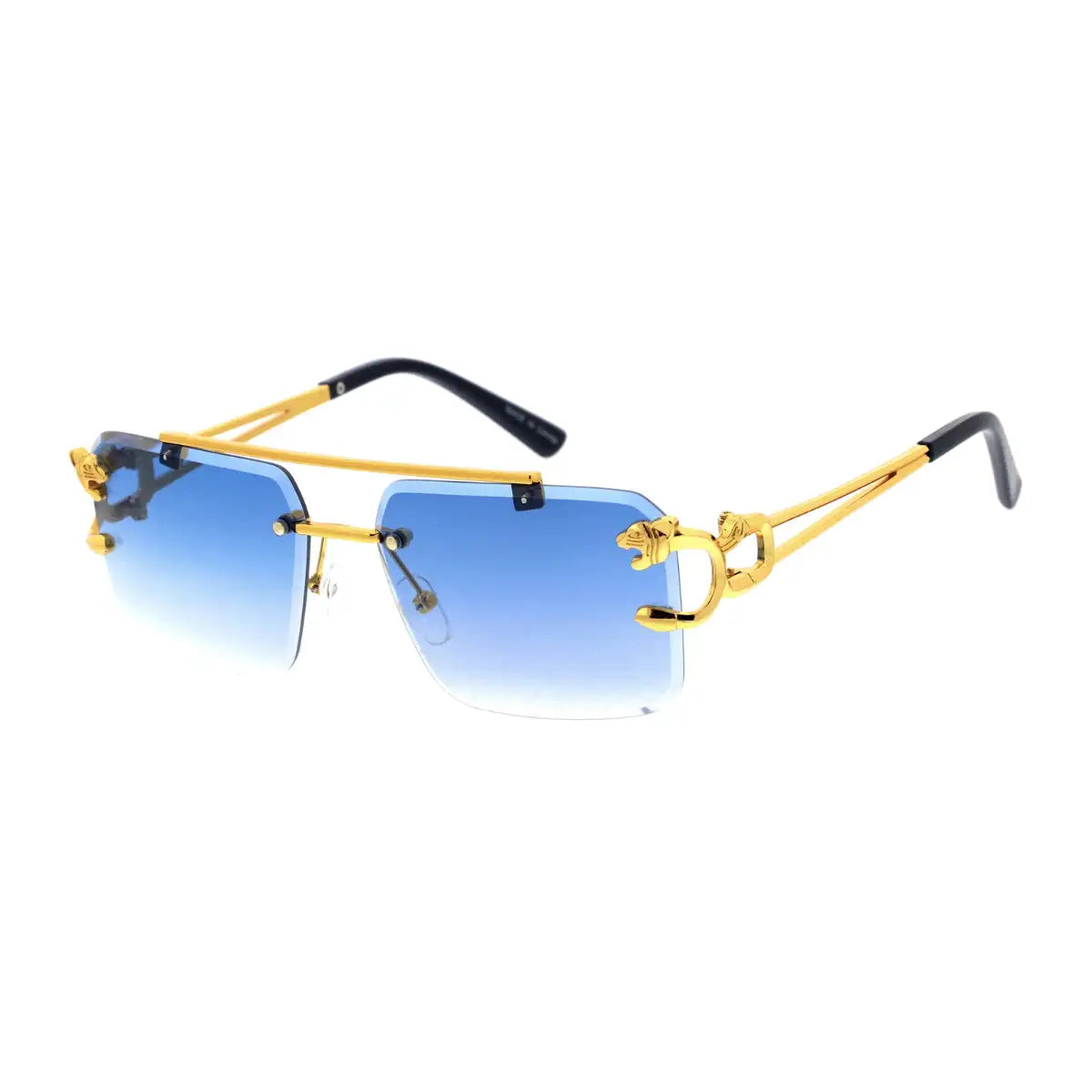 Gold-framed sunglasses with blue gradient lenses and ornate, animal-head detailing on the temples.