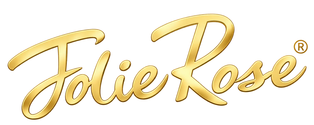 Golden metallic ’folie rose’ logo with elegant cursive script and a small registered trademark symbol.
