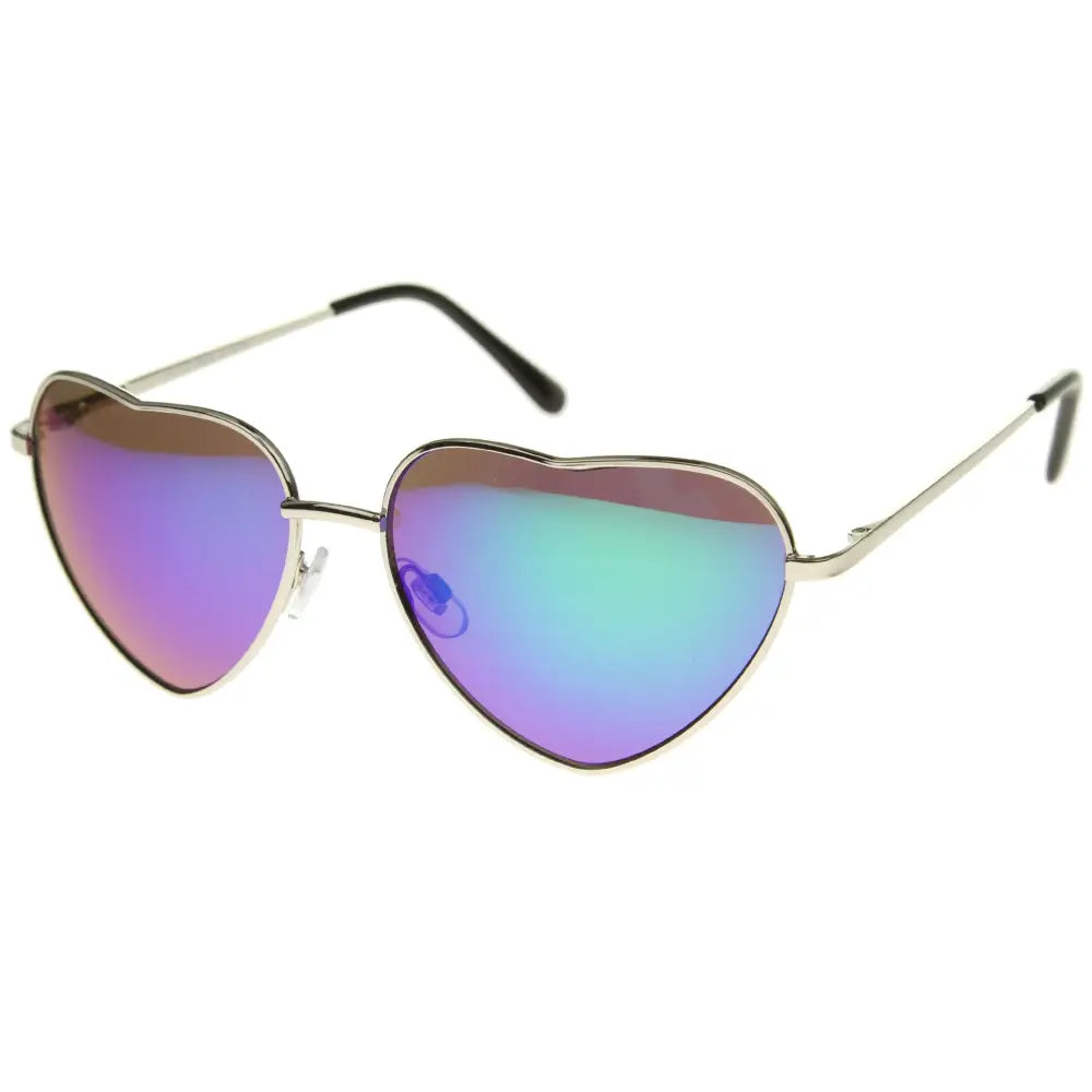 Heart-shaped sunglasses set of 12 with metallic frames and iridescent lenses shifting between purple blue and green hues