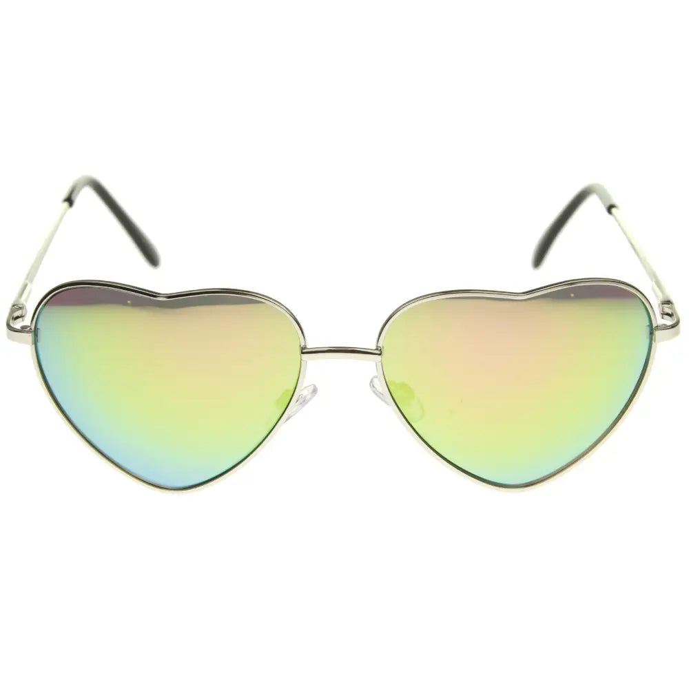 Heart-shaped sunglasses with metallic silver frame and gradient green to pink mirrored lenses set of 12