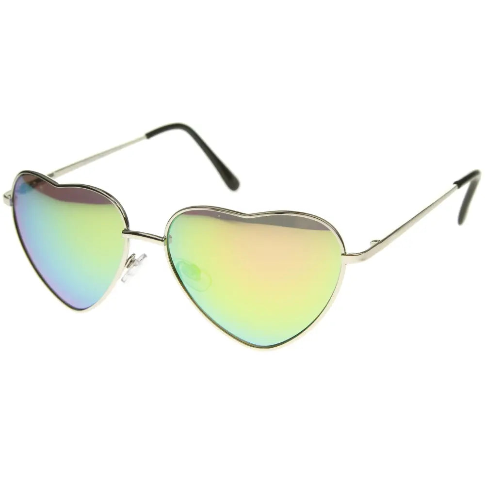 Heart-shaped sunglasses with metallic frame and iridescent green to pink mirrored lenses jp7121a set of 12