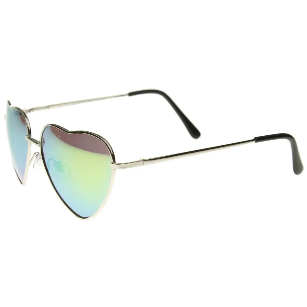 Set of 12 silver-framed heart-shaped sunglasses with iridescent blue to green gradient lenses jp7121a