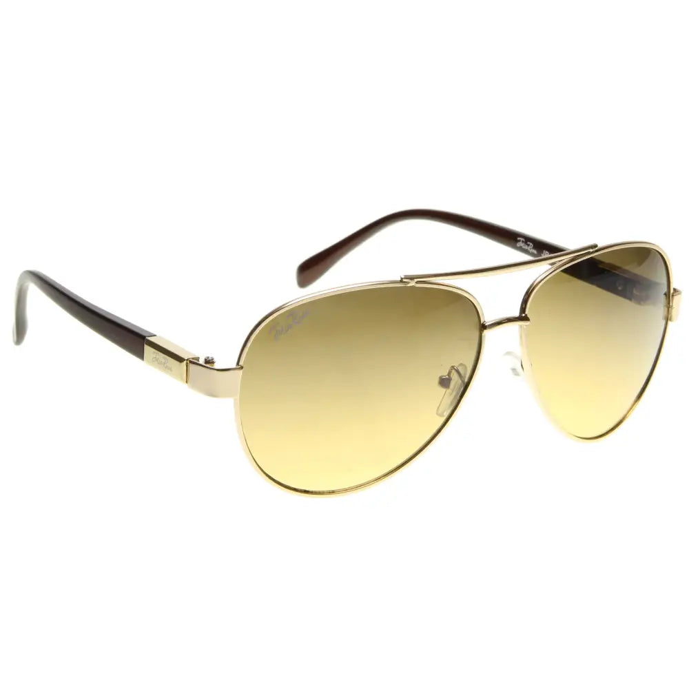 Juego de 12 gafas de sol de aviador con montura dorada, lentes degradados amarillos y varillas marrón oscuro, modelo jr138