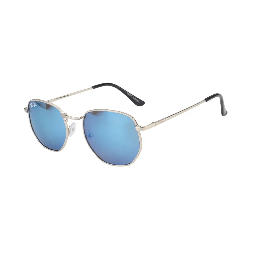Gafas de sol de aviador de montura plateada con lentes de espejo azules y terminales negros, juego de 12