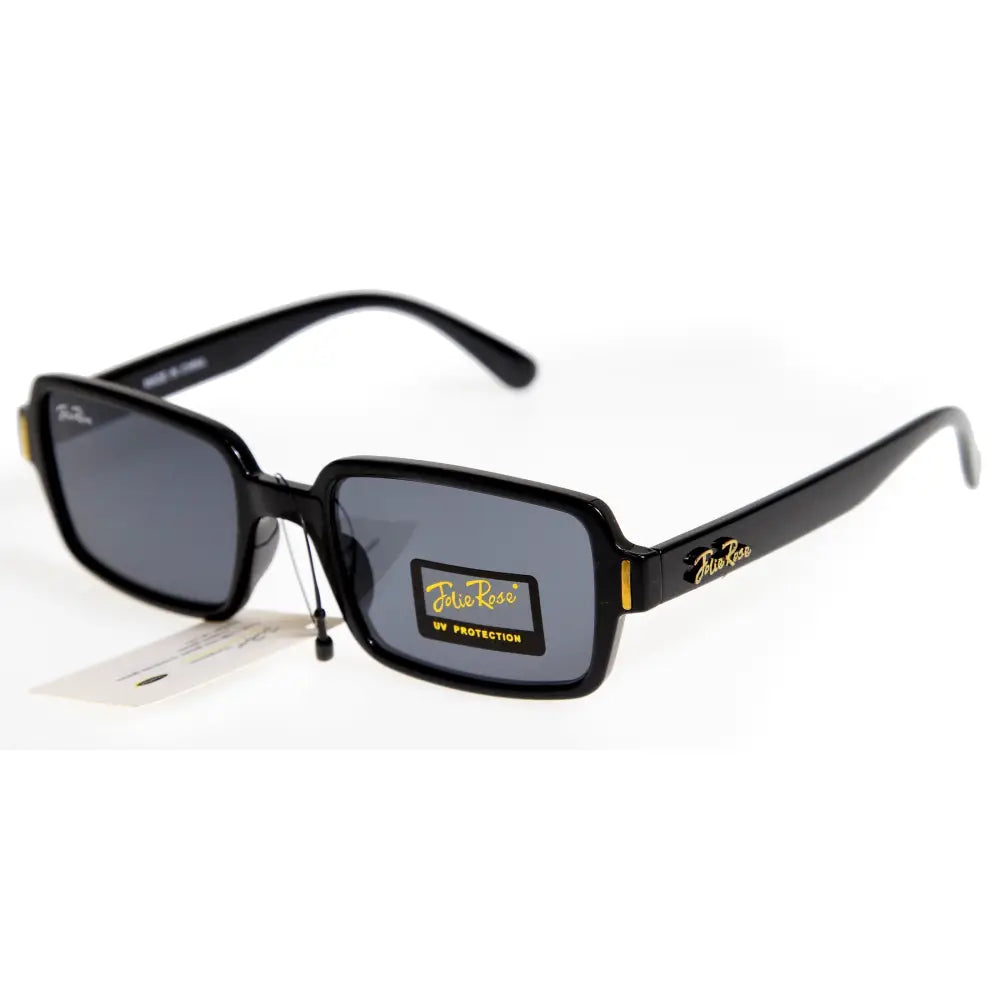 Black rectangular-framed sunglasses with dark gray lenses and gold-accented branding jr210 set of 12