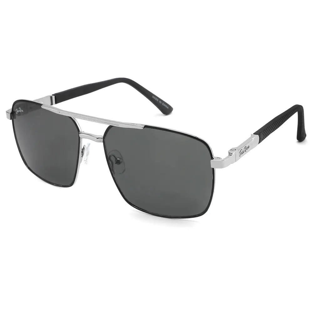 Sunglasses with black lenses and silver frame on a white background