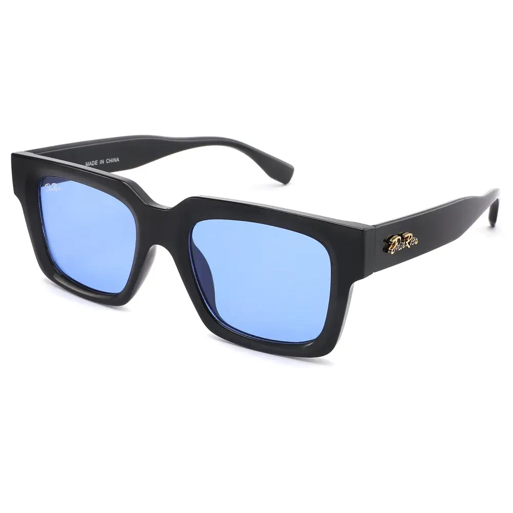Jr228 set of 12 black rectangular sunglasses with blue tinted lenses and a gold logo on the temple