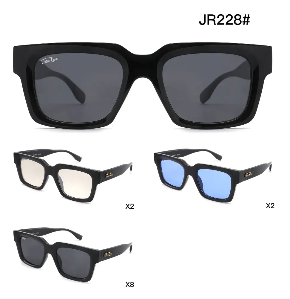Jr228 set of 12 black square-framed sunglasses with dark gray lenses and sleek modern design