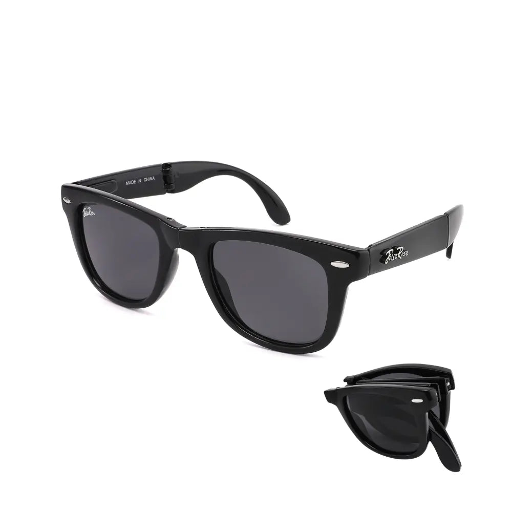 Black foldable wayfarer sunglasses with dark gray lenses and spring hinges set of 12