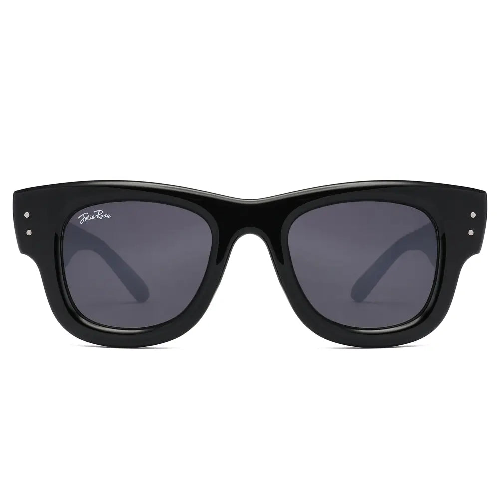 Set of 12 black framed sunglasses with dark gray lenses and a sleek modern design labeled JR233