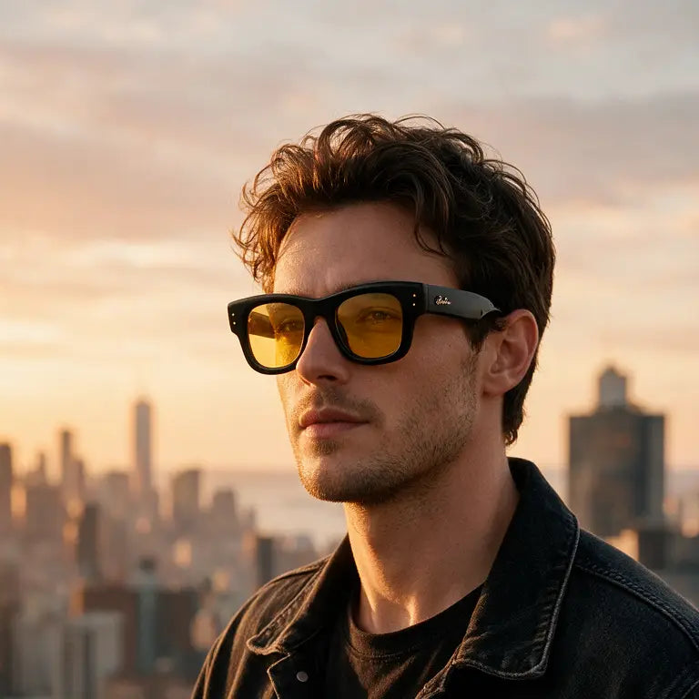 A man wearing black-framed sunglasses with yellow-tinted lenses and a dark denim jacket, standing outdoors against a city skyline at sunset.