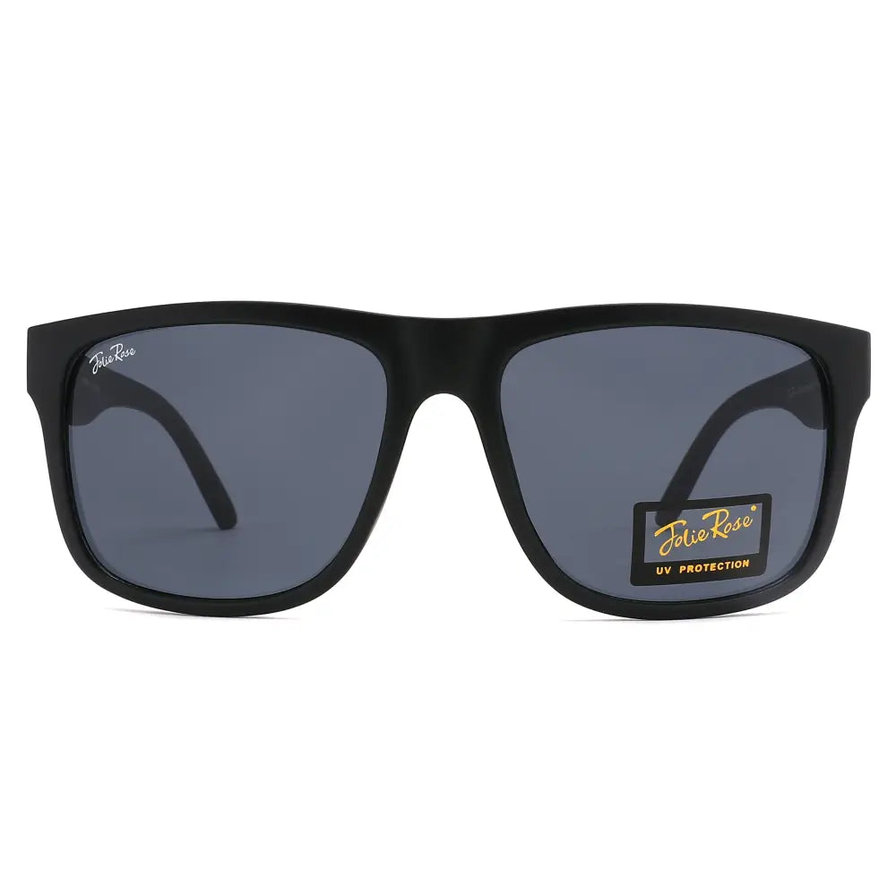Set of 12 black rectangular frame sunglasses with dark gray lenses and jolie rose label on the temple model jr235