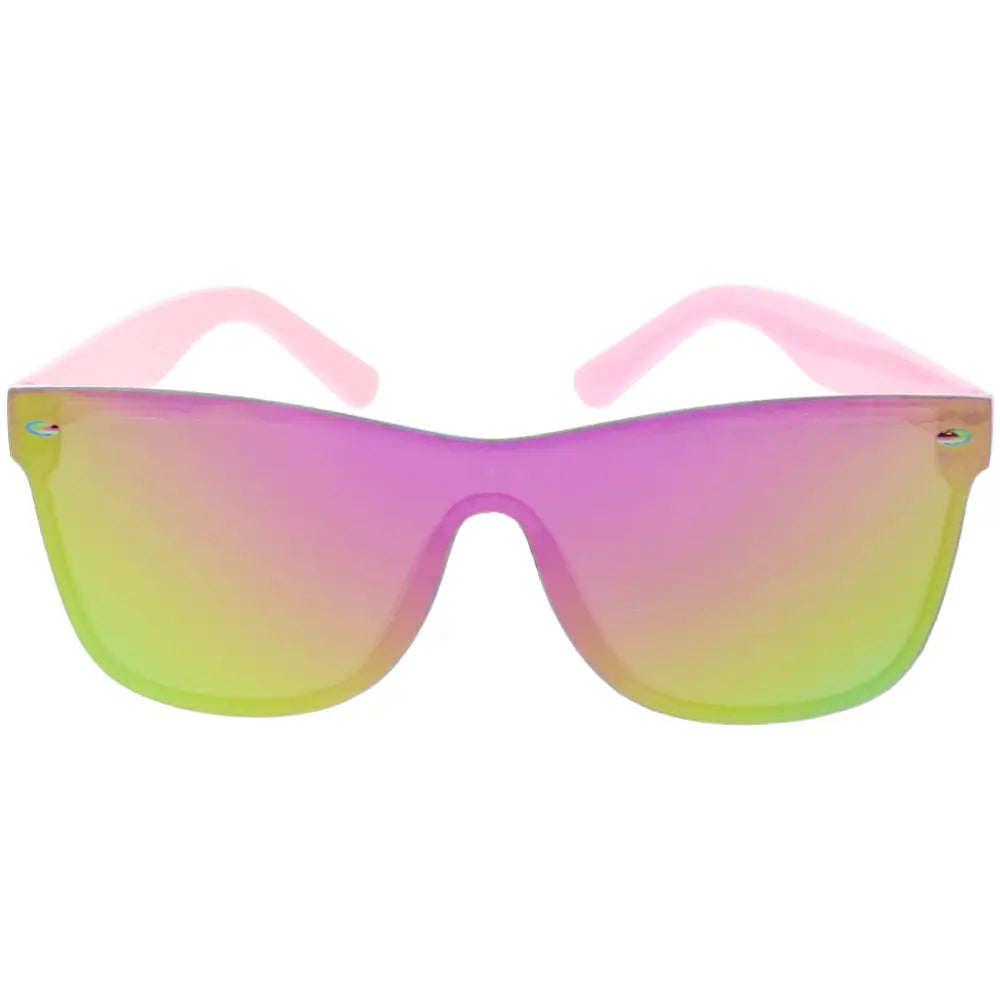 Gafas de sol con montura de plástico rosa pastel y lentes de espejo degradados de magenta a verde lima, juego de 12