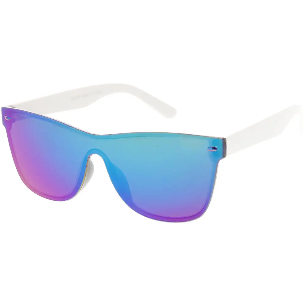 White-framed sunglasses with iridescent blue and purple mirrored lenses in a set of 12