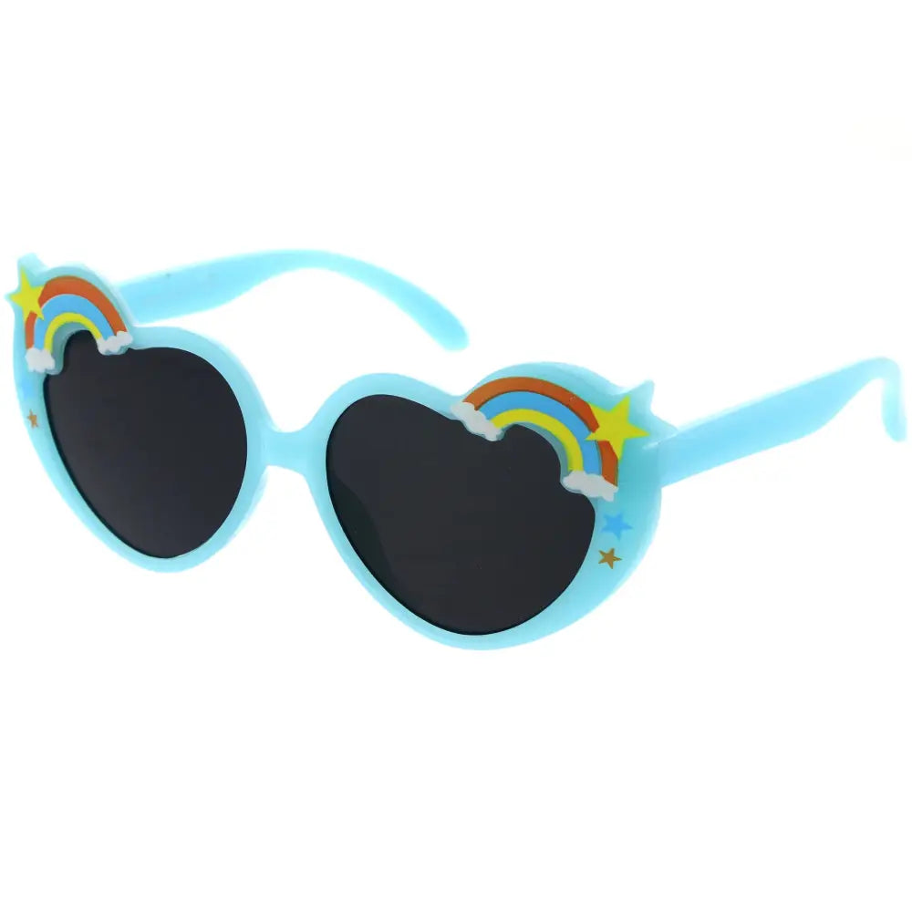 Gafas de sol en forma de corazón azul claro con calcomanías de arcoíris y estrellas en la montura kch57, juego de 12