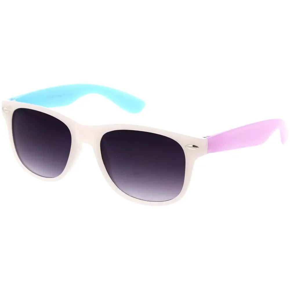 White-framed sunglasses with gradient dark lenses and pastel blue and pink temple tips kch60 set of 12