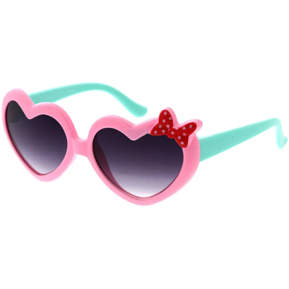 Gafas de sol rosas en forma de corazón con lentes degradados oscuros, moño rojo de lunares y varillas verde menta, juego de 12