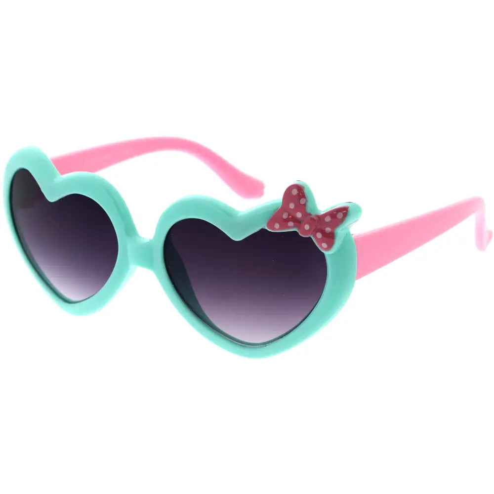 Pastel teal heart-shaped sunglasses with pink temples and a red polka-dot bow accent kch67 set of 12
