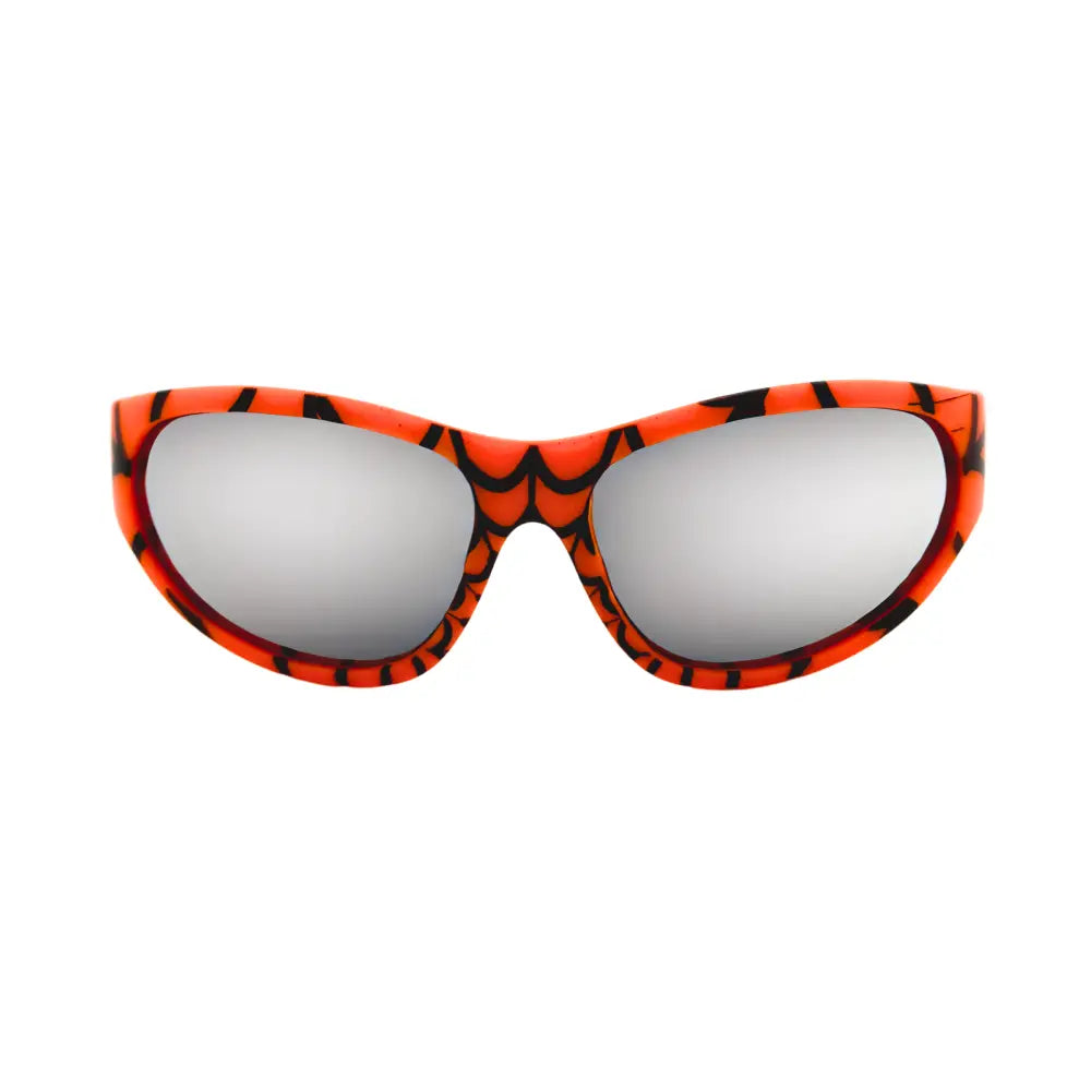 Set of 12 sunglasses with orange and black spiderweb-patterned frames and mirrored lenses