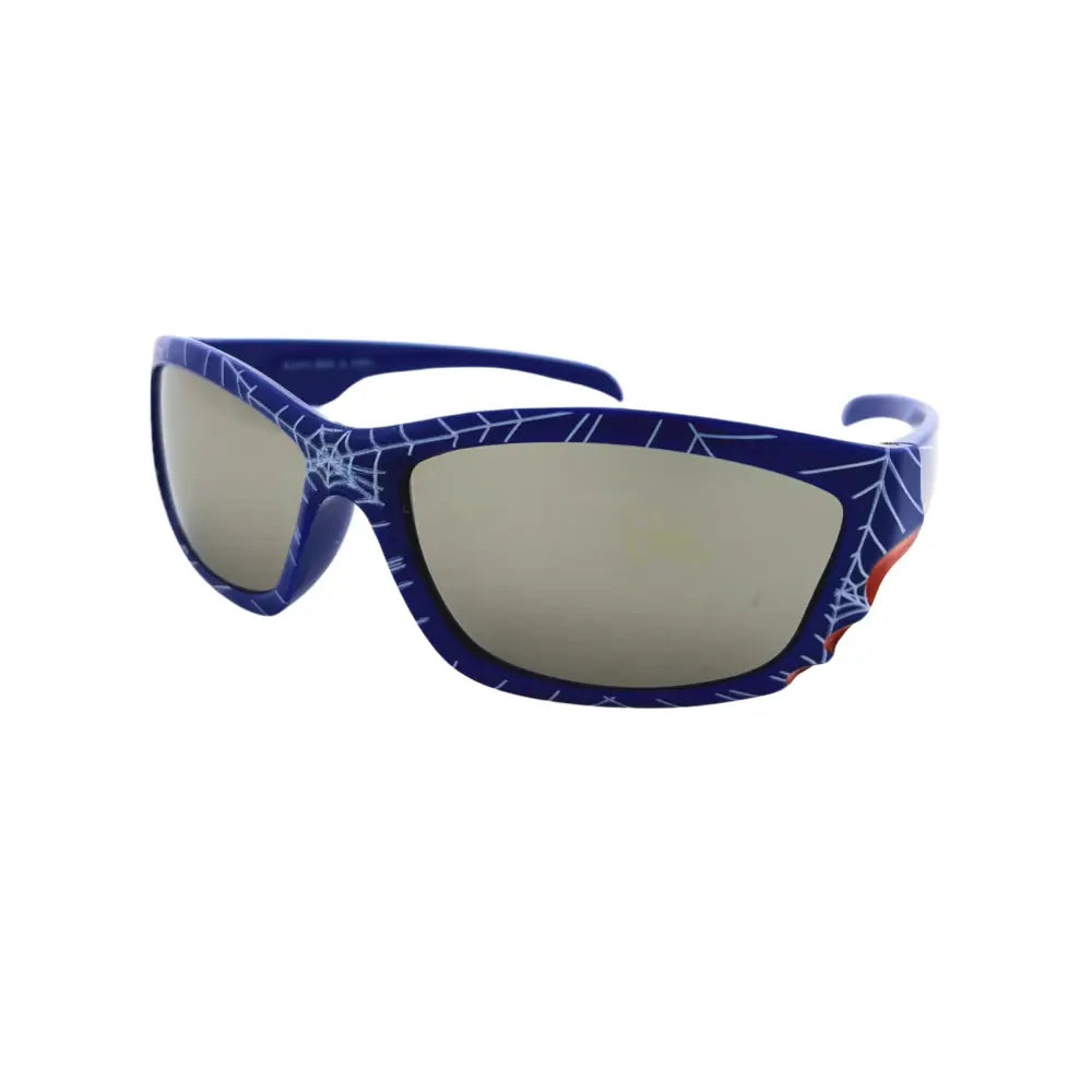 Blue spider-man-themed sunglasses with white web patterns and blue mirrored lenses in a set of 12