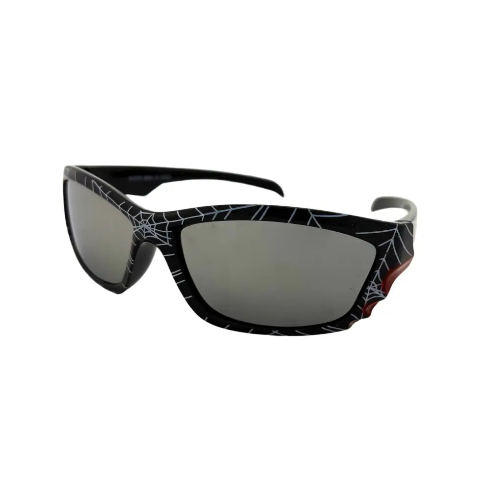 Black spider-man themed sunglasses set of 12 with white web patterns and gray mirrored lenses