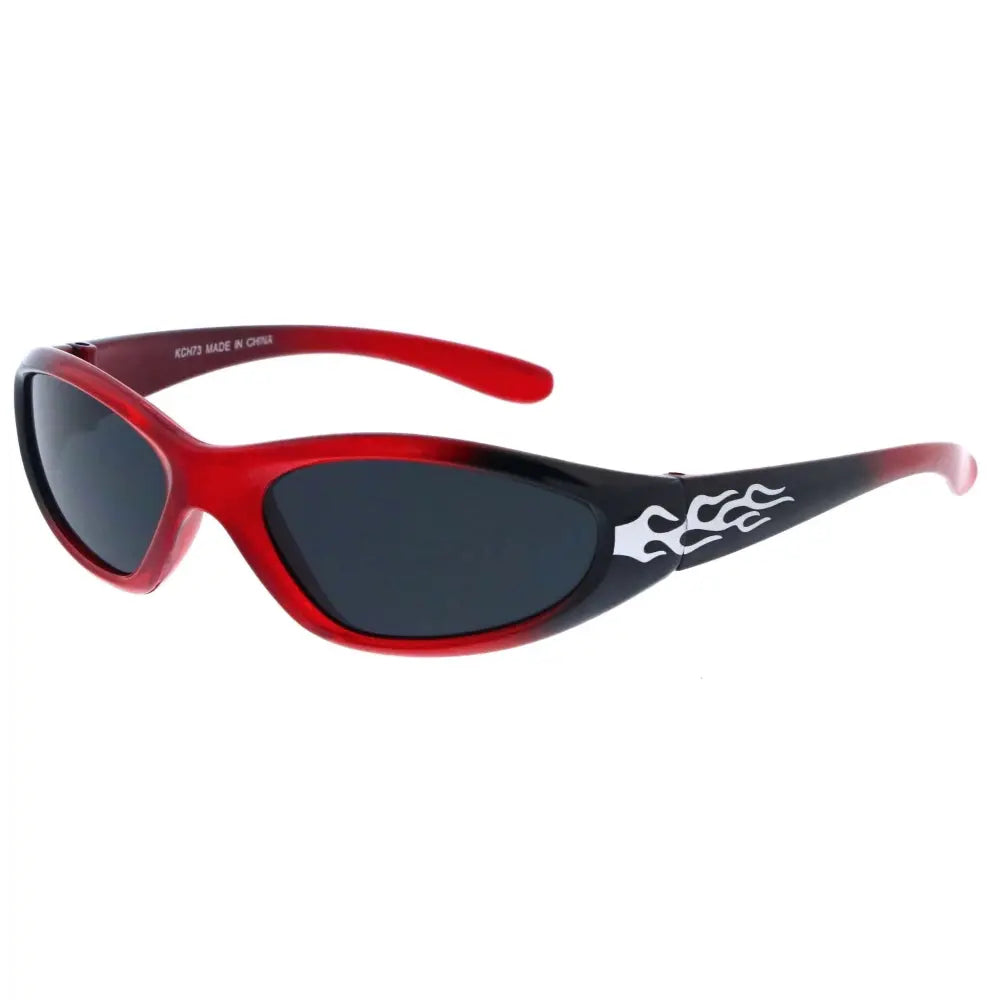 Red and black flame-themed children’s sunglasses with rectangular dark gray lenses set of 12 KCH73