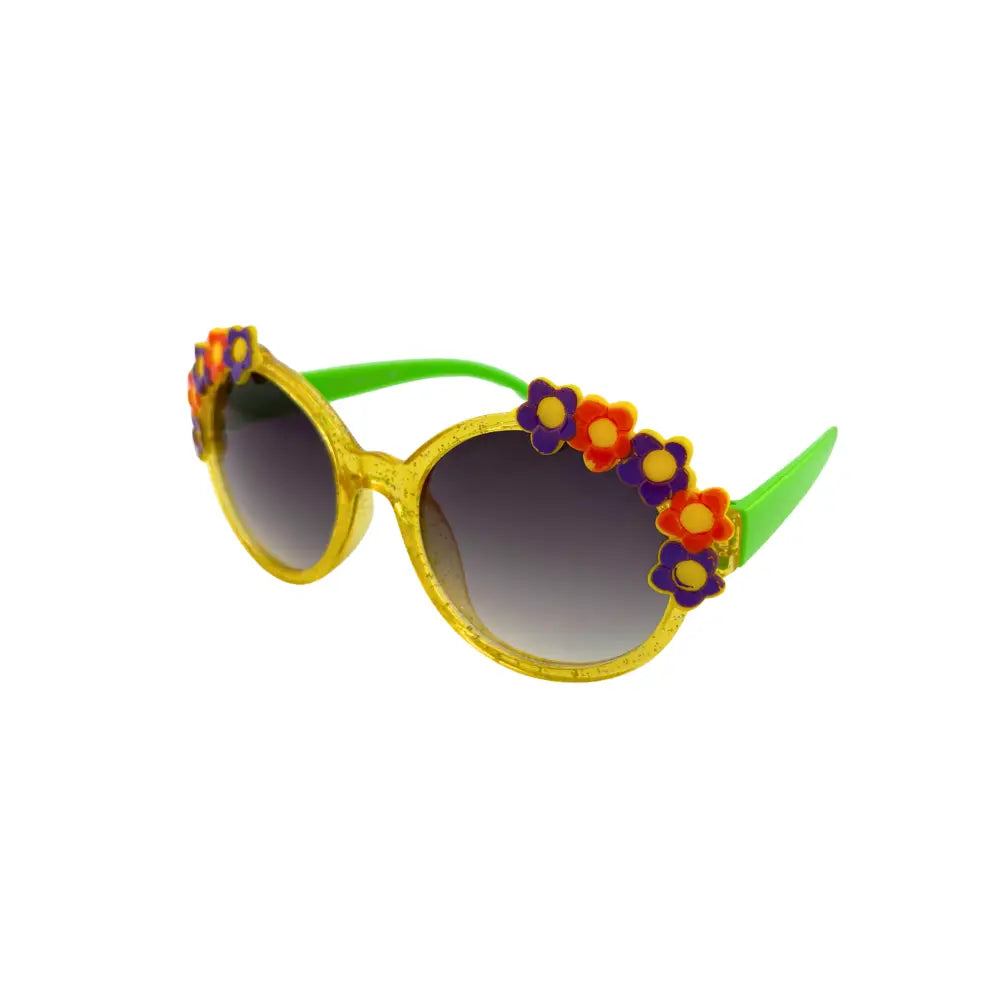 Bright yellow framed kids sunglasses with green temples and multicolor flower decorations along the top edge