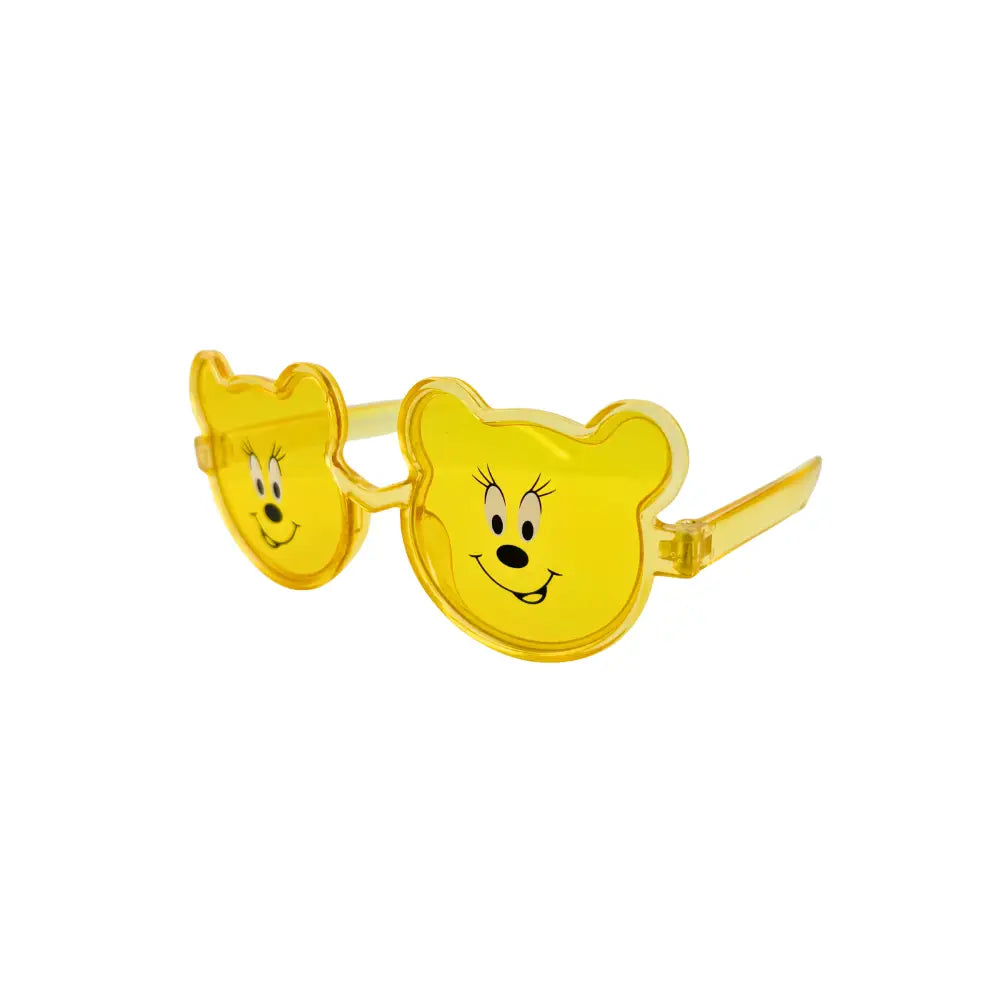 Gafas de sol infantiles amarillas en forma de oso con caras de caricatura en los lentes, juego de 12 kch79