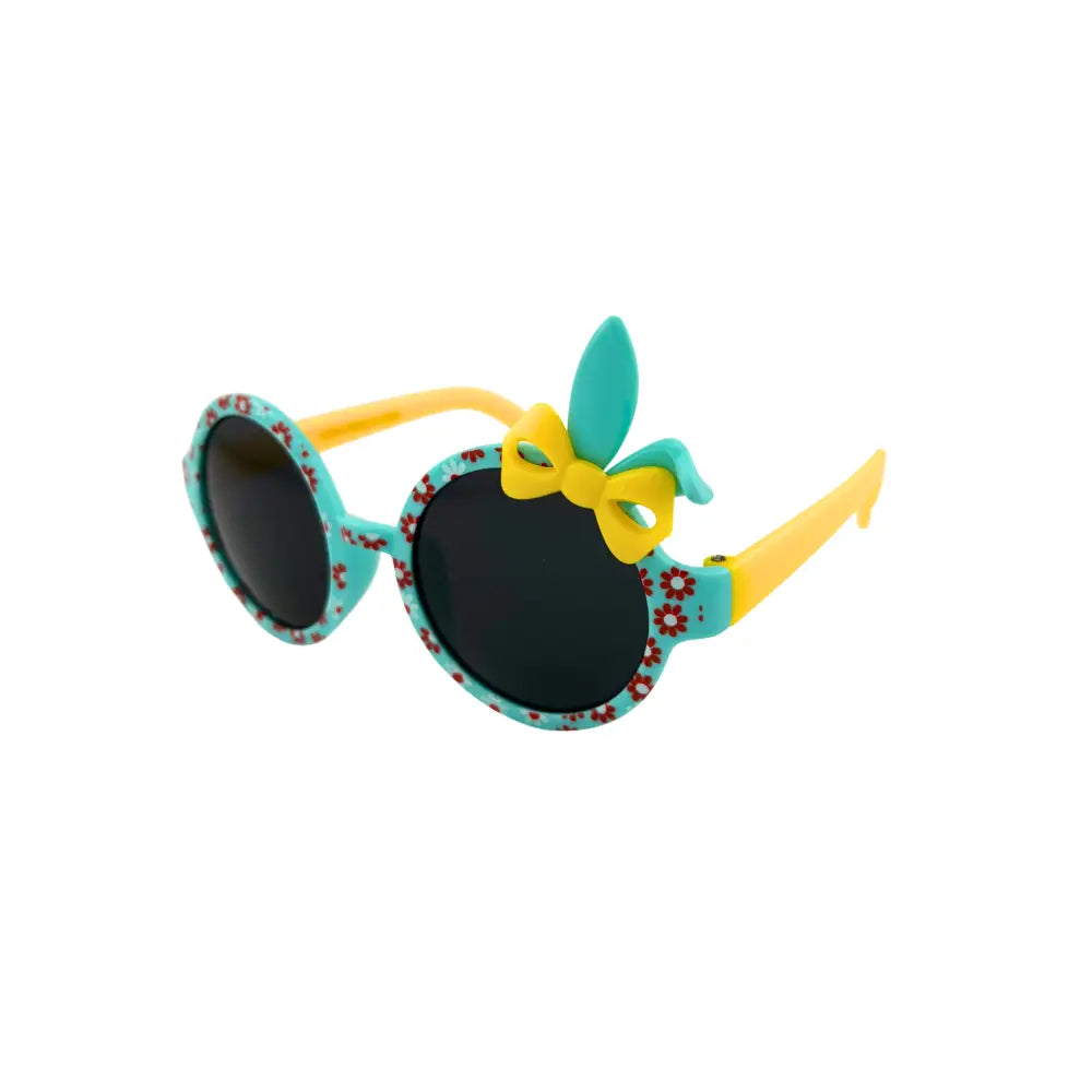 Teal and yellow children sunglasses with floral patterned frames black lenses and decorative bow on the temple kch80 set of 12