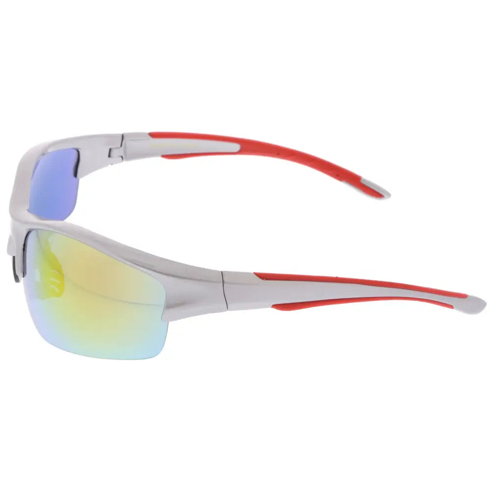 Set of 12 silver and red sports sunglasses with gradient mirrored lenses and wraparound frame ps4078