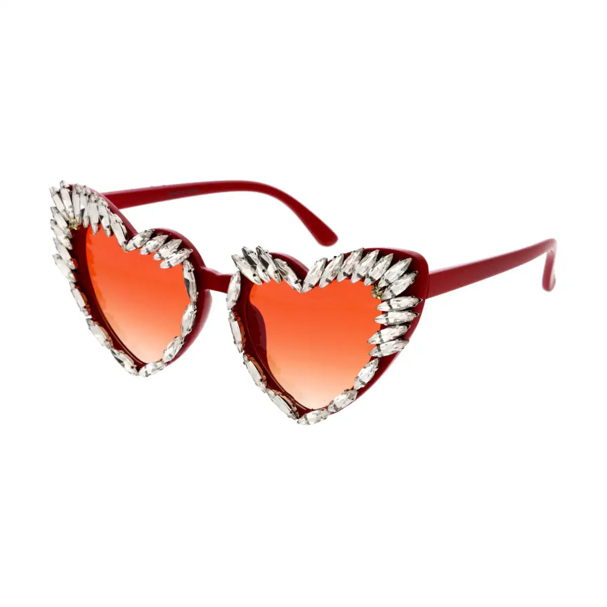 Red heart-shaped sunglasses with gradient orange lenses and a sparkling rhinestone trim.