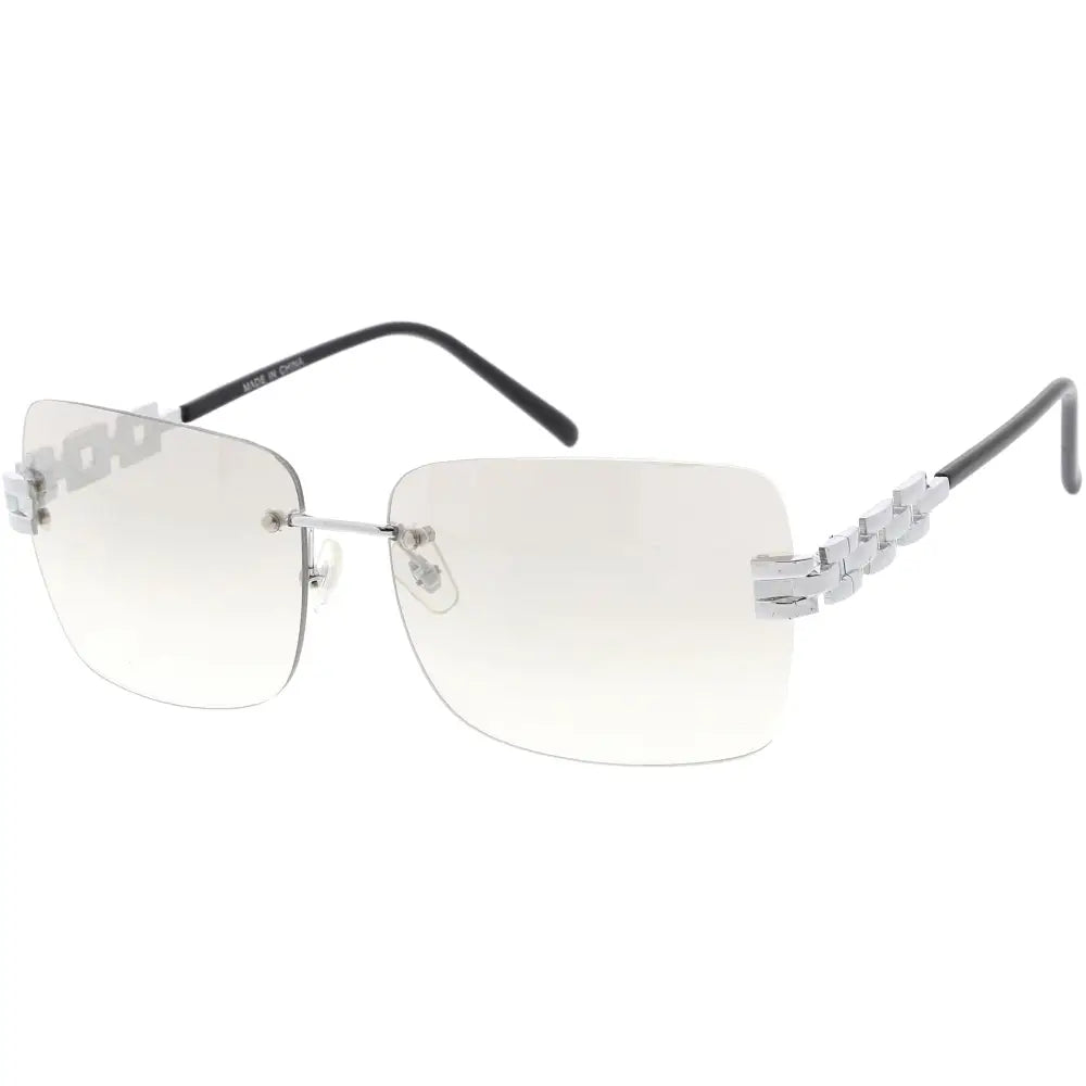 Silver-framed rectangular sunglasses with gradient lenses and chain-link design on temples set of 12