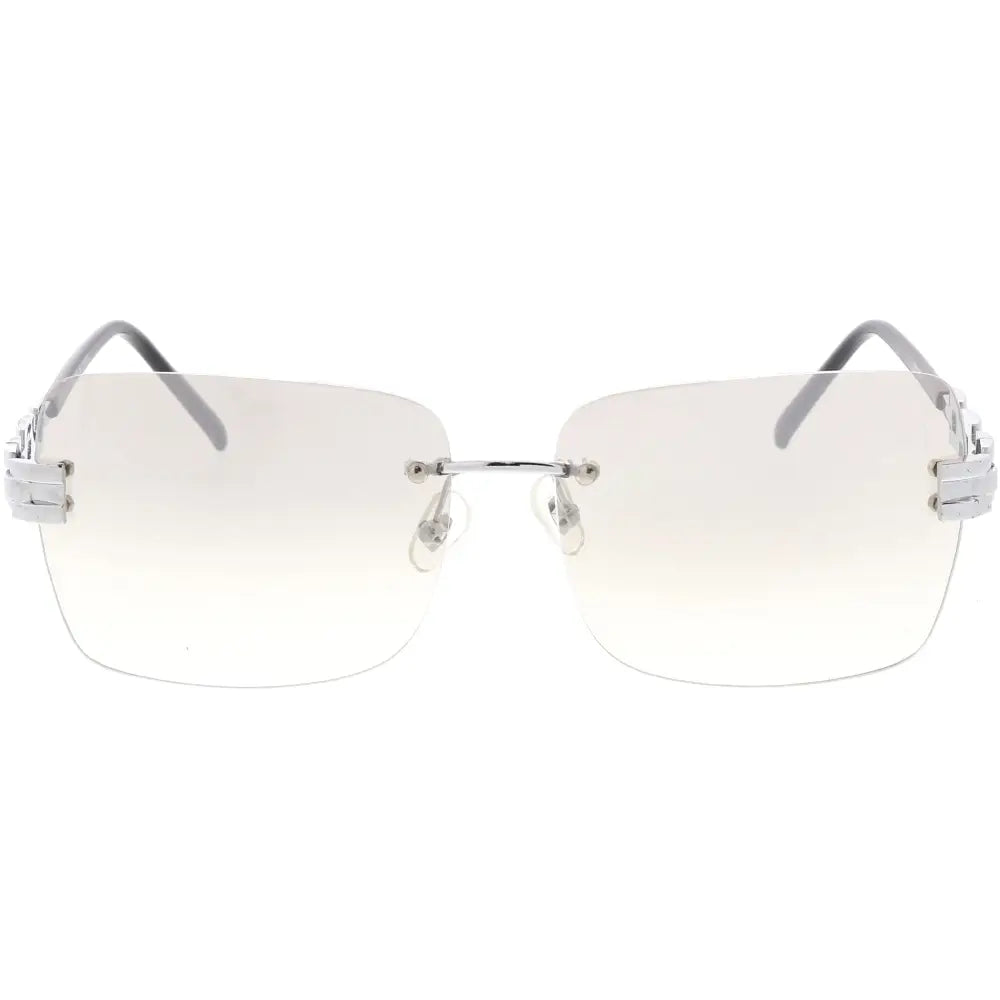 Silver-framed rimless glasses with gradient lenses transitioning from clear to soft white in a set of 12