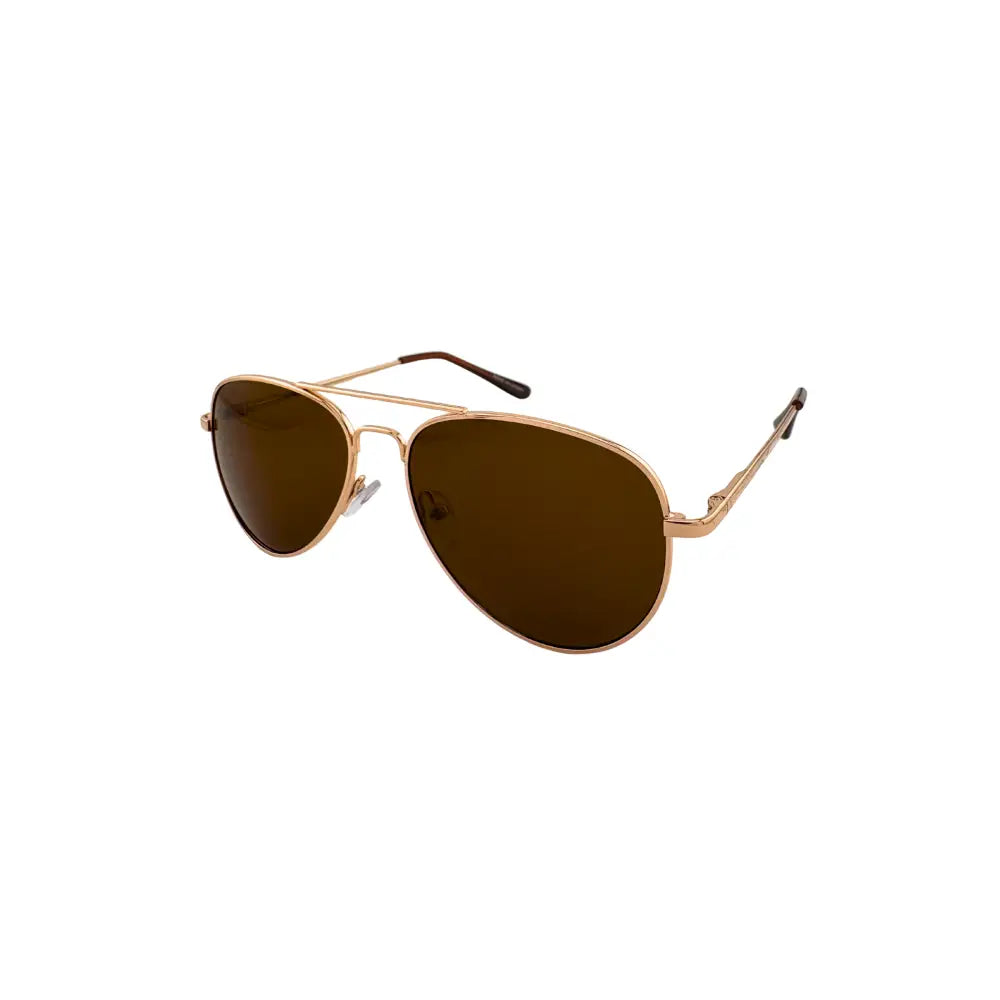 Gold-framed sunglasses with brown lenses on a white background