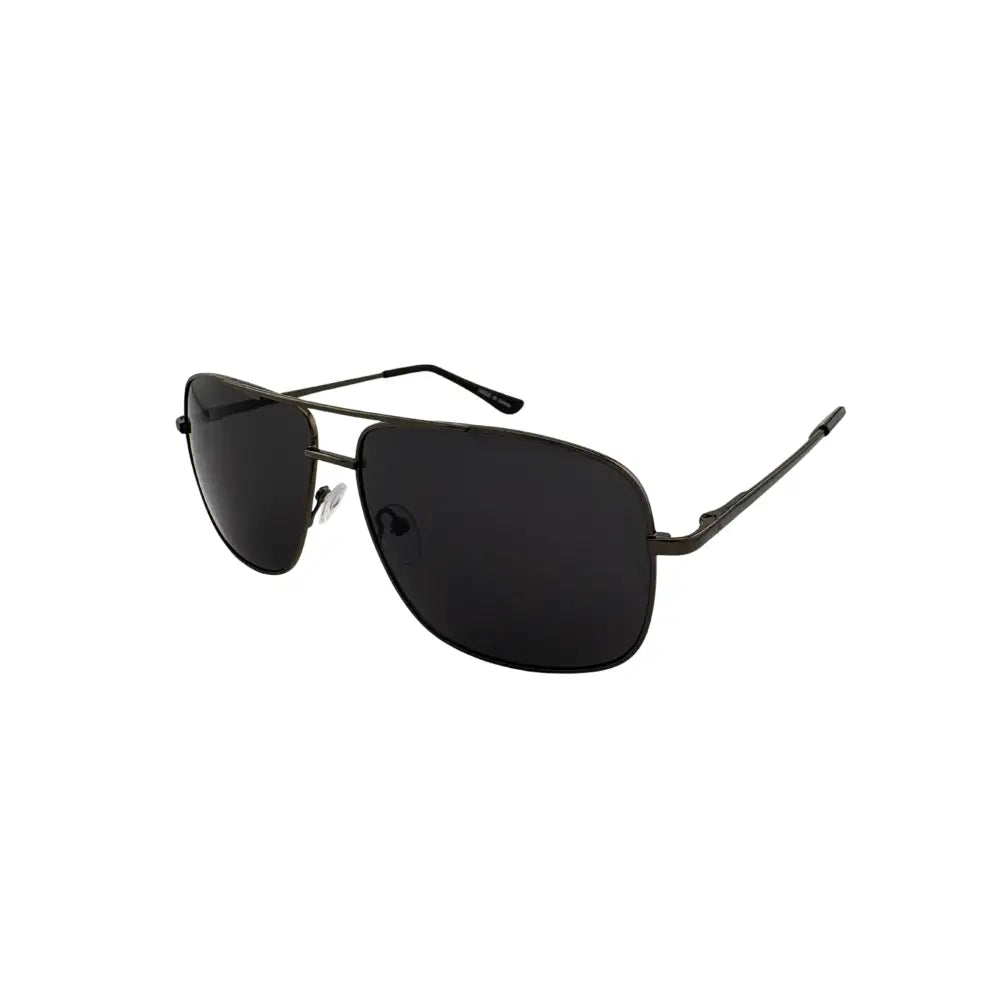 Sunglasses with black lenses and gunmetal frame on a white background