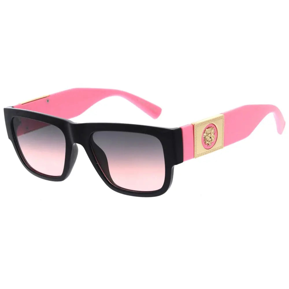 Gafas de sol degradadas negras y rosas con montura rectangular y placa con logotipo dorado en la varilla, juego de 12