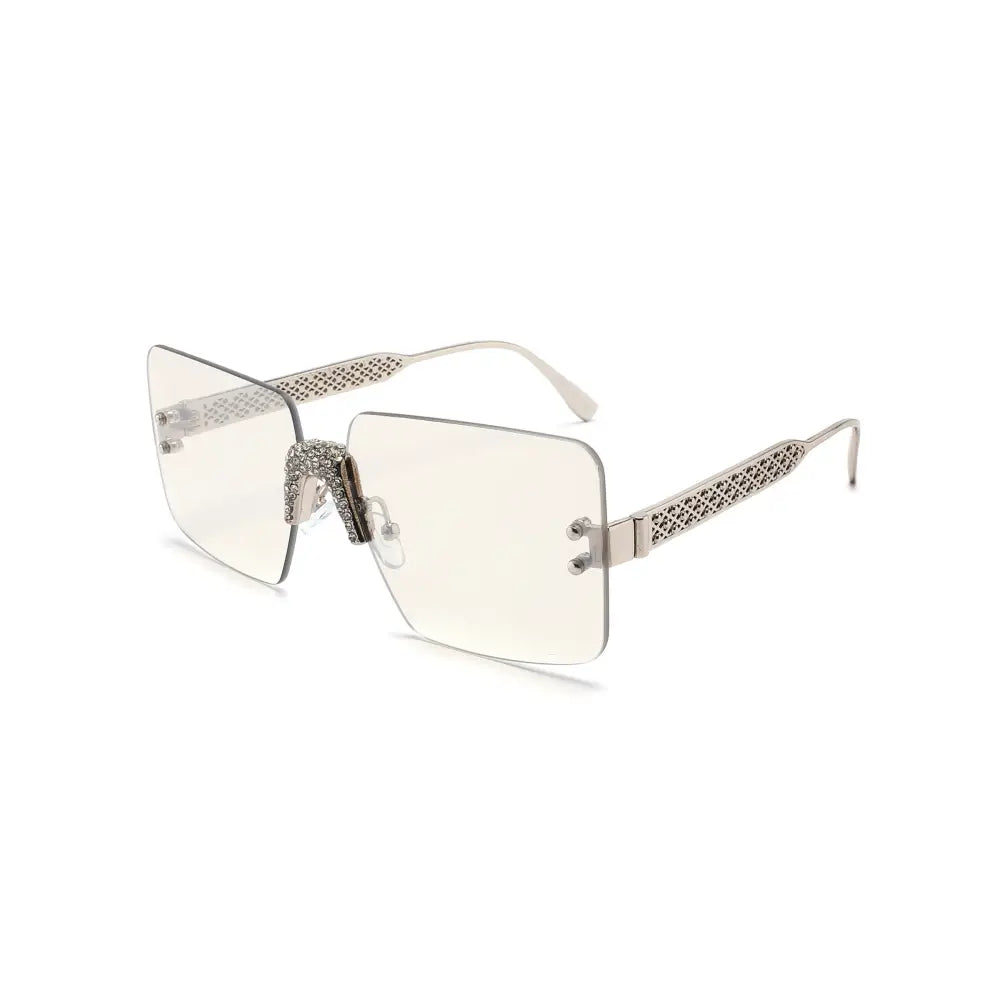 Silver-framed square sunglasses with geometric lattice pattern and crystal embellishments on the bridge set of 12