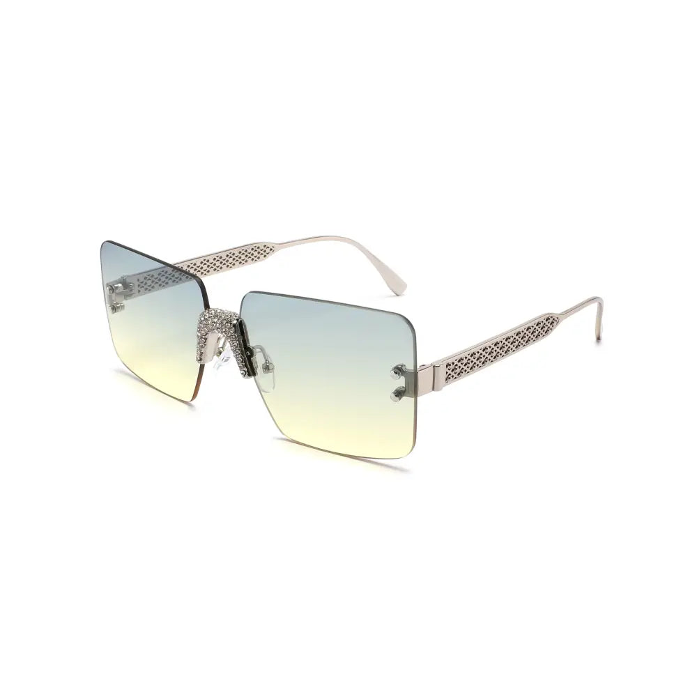 Silver-framed square sunglasses with blue to yellow gradient lenses and intricate patterned temples set of 12 sa1023