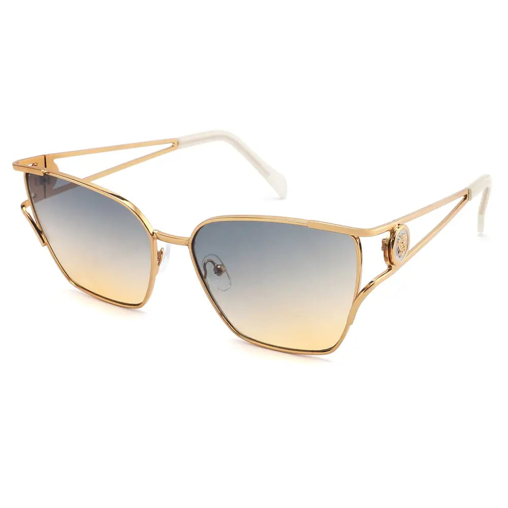 Set of 12 gold-toned metal-framed sunglasses with blue to amber gradient lenses and circular emblem on the temple