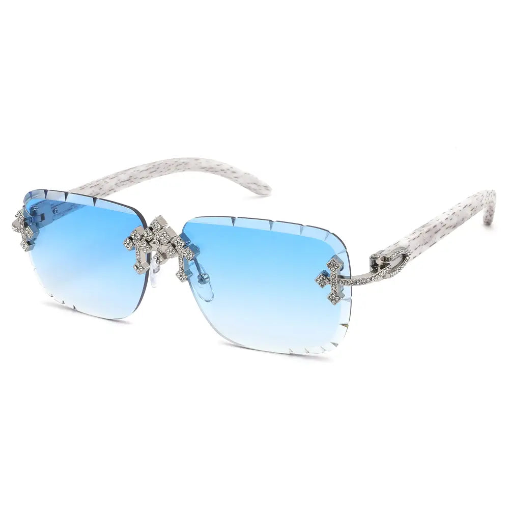 Set of 12 blue gradient sunglasses with silver crystal-embellished frames and marble-patterned temples