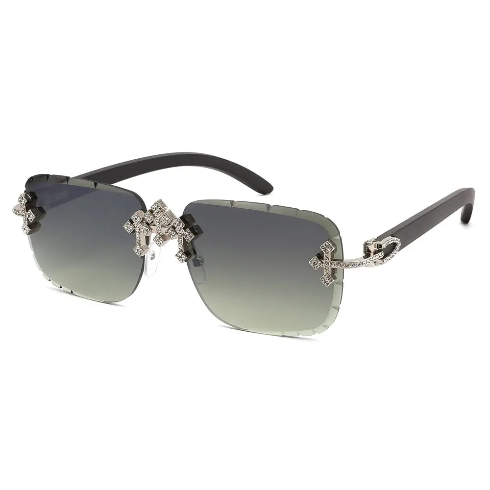 Black-framed sunglasses with gradient gray lenses and silver cross-shaped rhinestone embellishments set of 12
