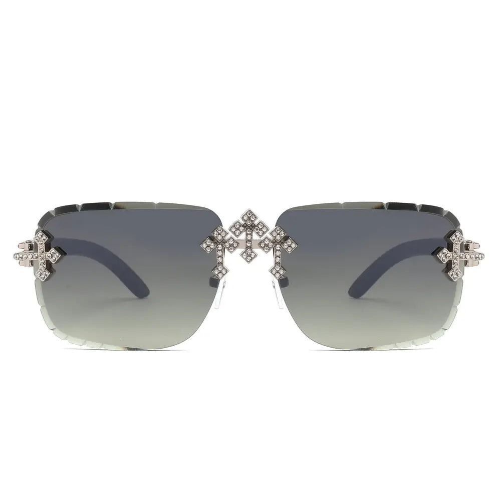 Silver-framed sunglasses with gradient gray lenses and sparkling cross embellishments on the temples set of 12