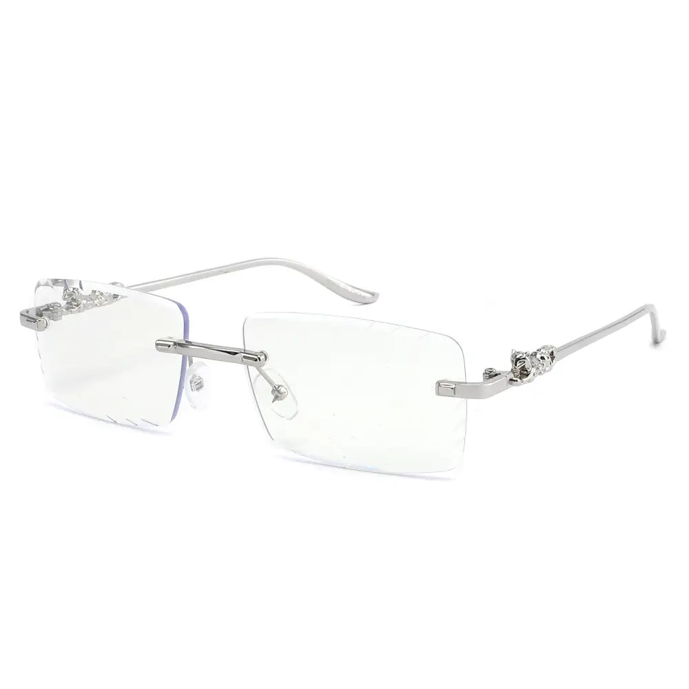 Silver-framed rectangular rimless glasses with jeweled animal head embellishments on the temples set of 12
