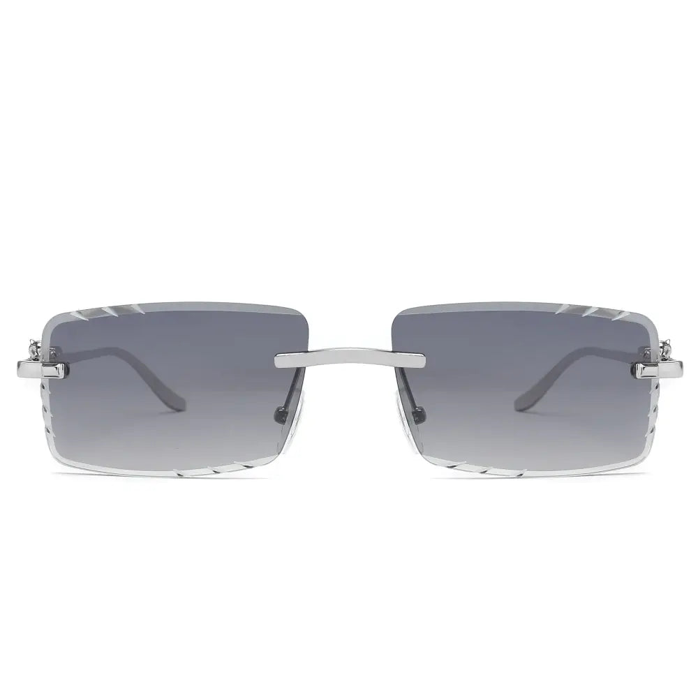 Silver-framed rectangular sunglasses with gradient gray lenses and subtle textured detailing on set of 12 frames