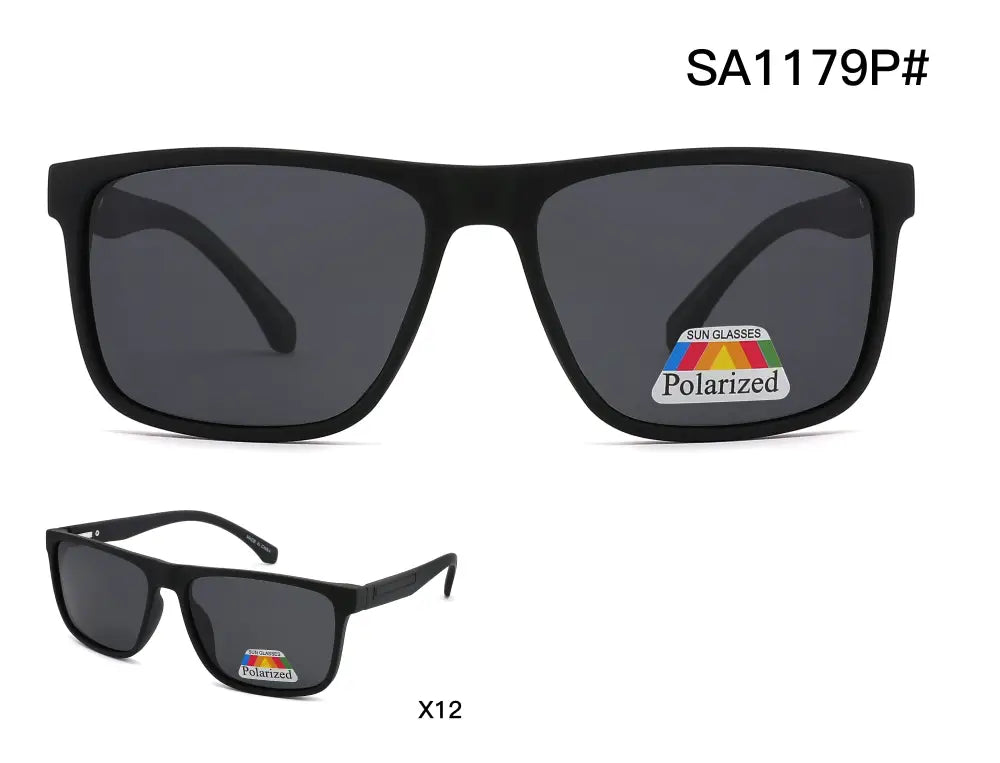 Black rectangular-framed sunglasses with dark gray polarized lenses from soft touch set of 12 sa1179p
