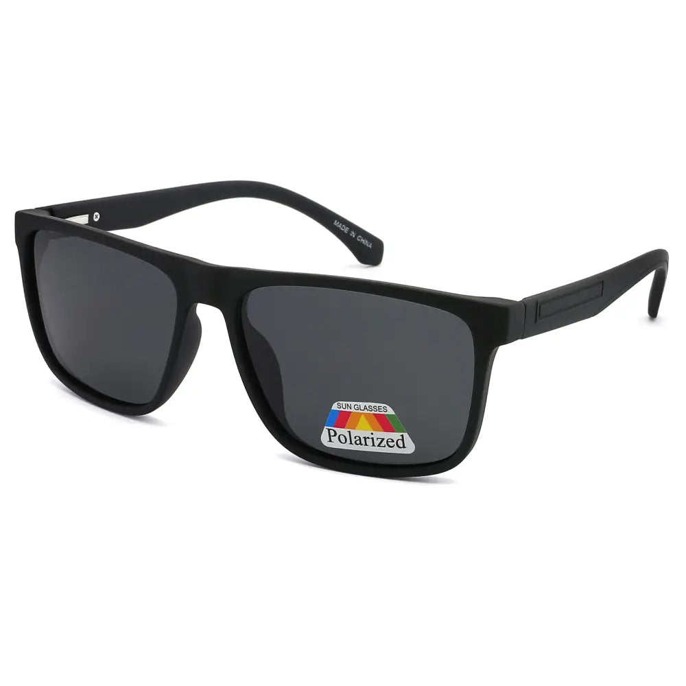 Black rectangular-framed sunglasses with dark gray polarized lenses and matte soft touch finish set of 12