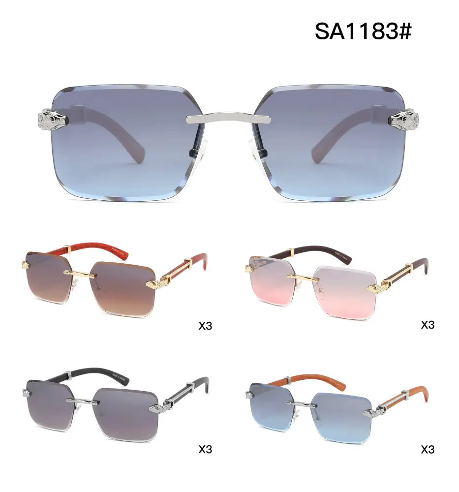 Silver-framed rectangular sunglasses with gradient blue lenses and animal-head accents on the temples set of 12