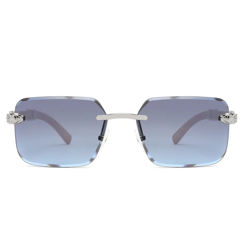Silver-framed rectangular sunglasses with gradient blue lenses and tiger-head embellishments on the temples set of 12
