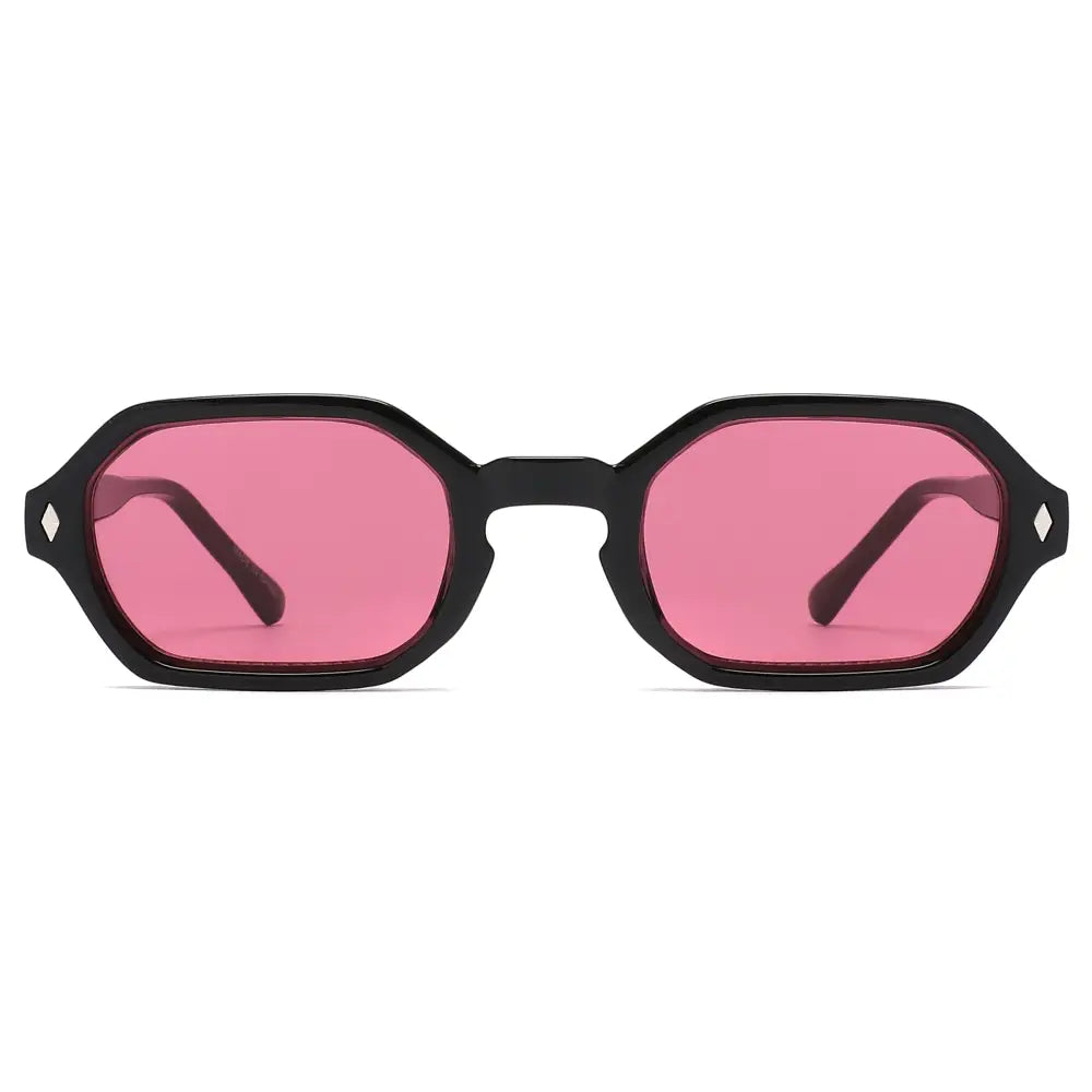 Black octagonal sunglasses with vibrant pink lenses and diamond-shaped accents on temples set of 12
