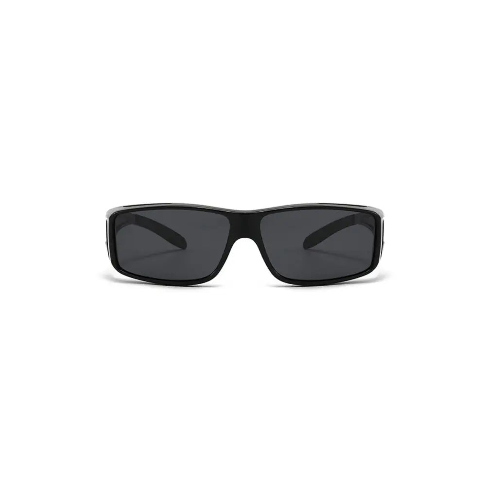 Black rectangular fitover sunglasses with dark gray lenses and a sleek modern design set of 12